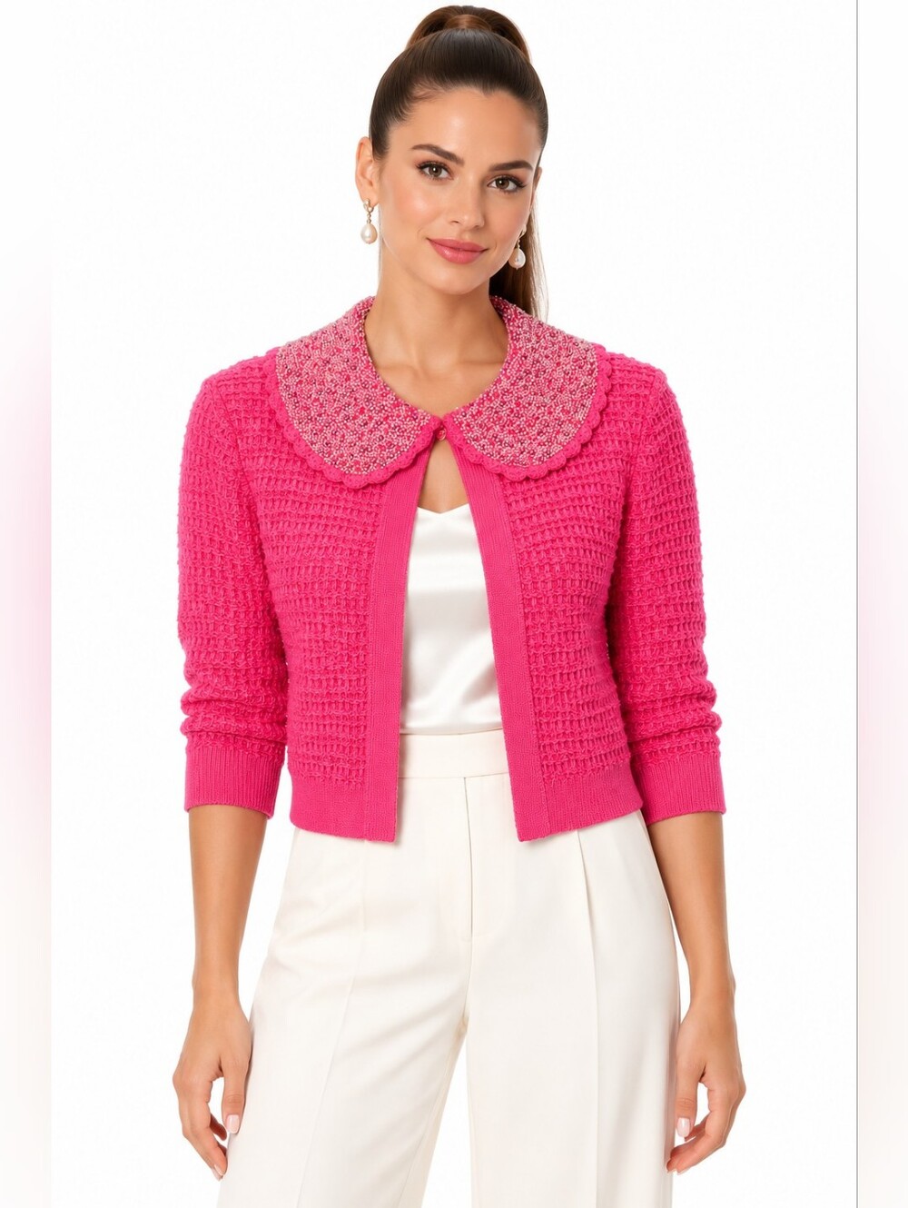 Alice + Olivia Akira Cardigan M Pink Textured Knit Crystal Beaded Collar